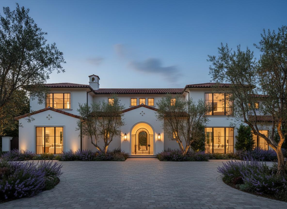 Mediterranean style home at dusk